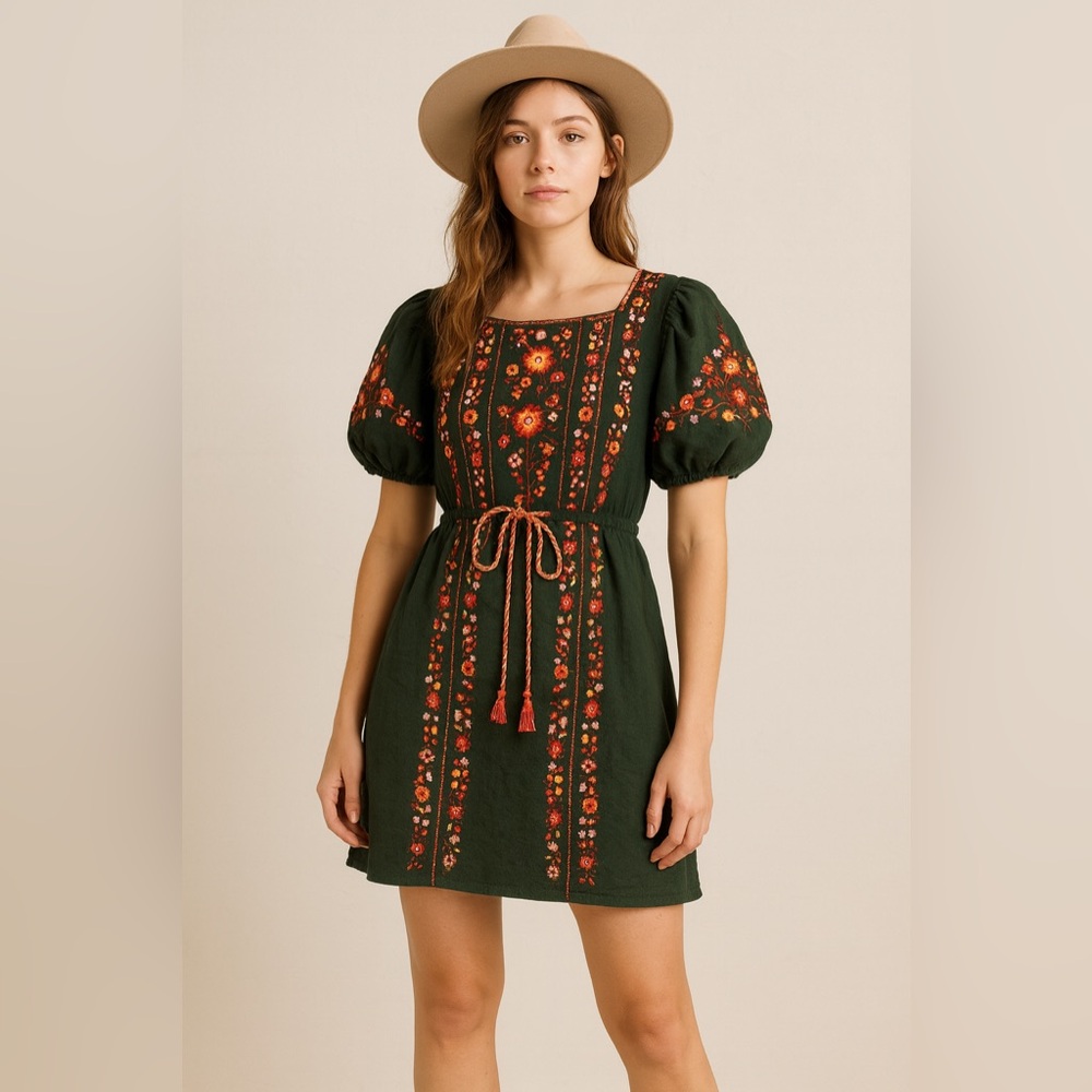 Free People Embroidered Peasant Dress Hunter Green XS Boho Festival